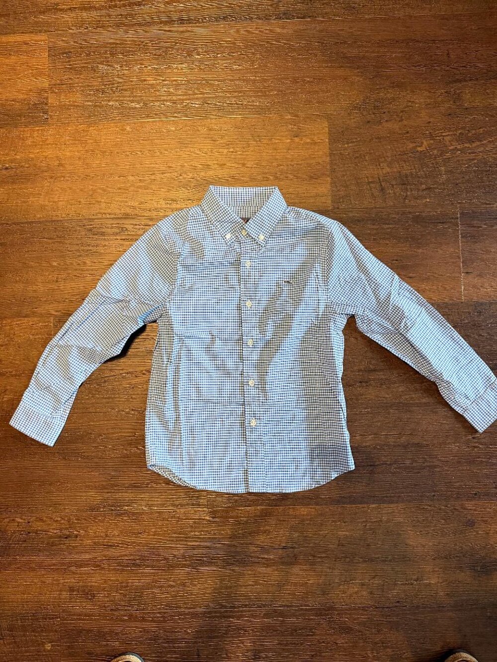 Vineyard Vines Performance Boys 7 Blue White Gingham Whale Shirt Like New
